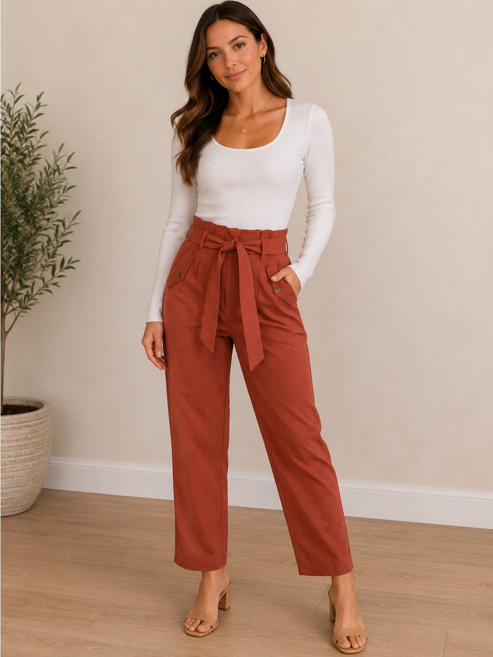 PrettyGarden Paperbag Waist Pants Large Rust Pink Belted Tapered High Waist